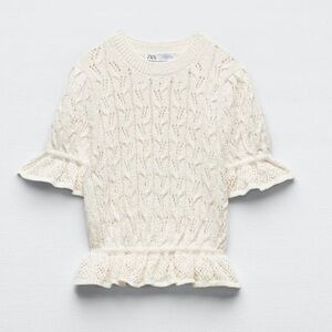 Zara NWT cream short sleeve ruffle knit top